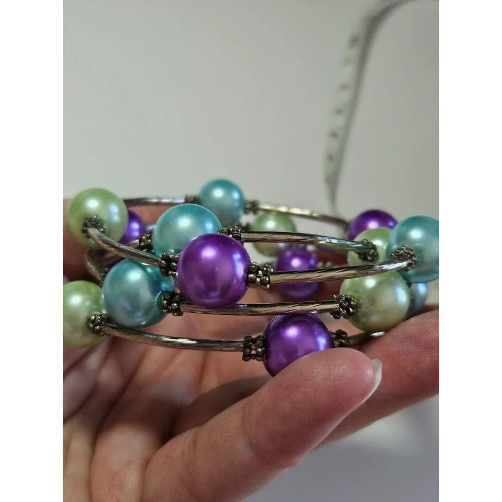 Pastel beaded wrap bracelet silver tone purple blue green
